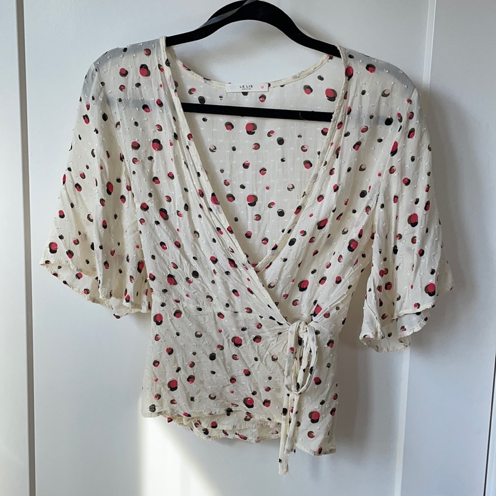 Donated to Dress for Success Le Lis Blouse/S/ Crème with Pink/ Green / Navy Dots